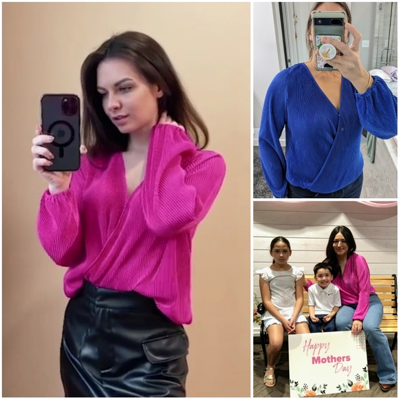 NWT Cupshe Black Pleated Long Lanturn Bell Sleeve V Surplice Summer Blouse Top S - Picture 6 of 11